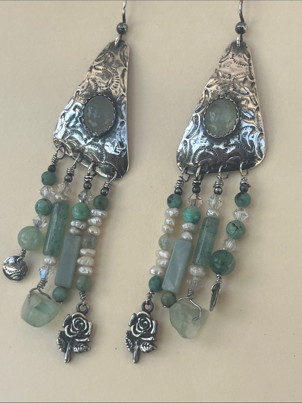 Sterling Silver Bohemian Semi- Precious Green Beaded Dangle Earrings Rose Charm